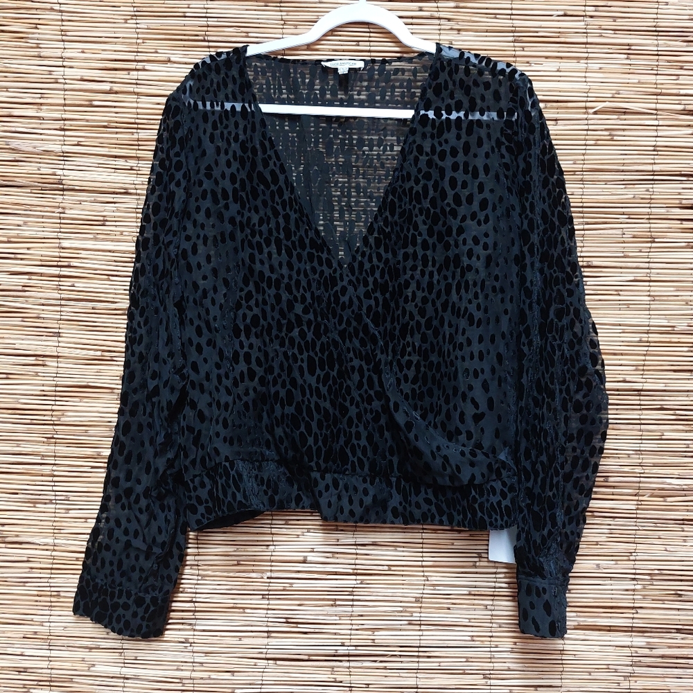 Good American Burnout Velvet Surplice Blouse Size 6 Black Sheer Long Sleeve NWOT
